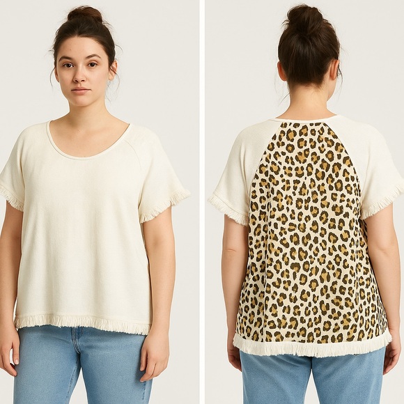 Umgee Tops - Umgee Fringe Hem Leopard Back Top – Cream & Animal Print XL ARC